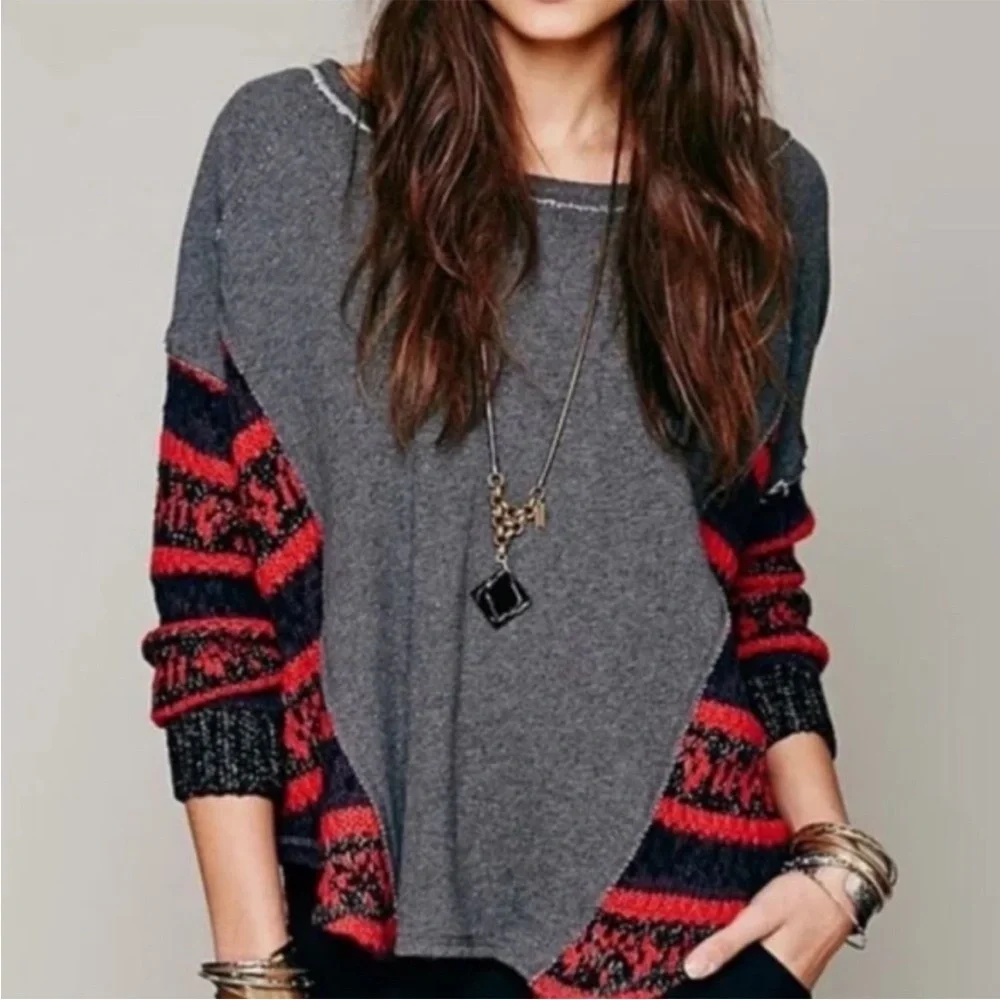 Free People Distressed Raw Hem Gray Red Oversized Sweatshirt Thermal Tee Top S - Picture 1 of 7
